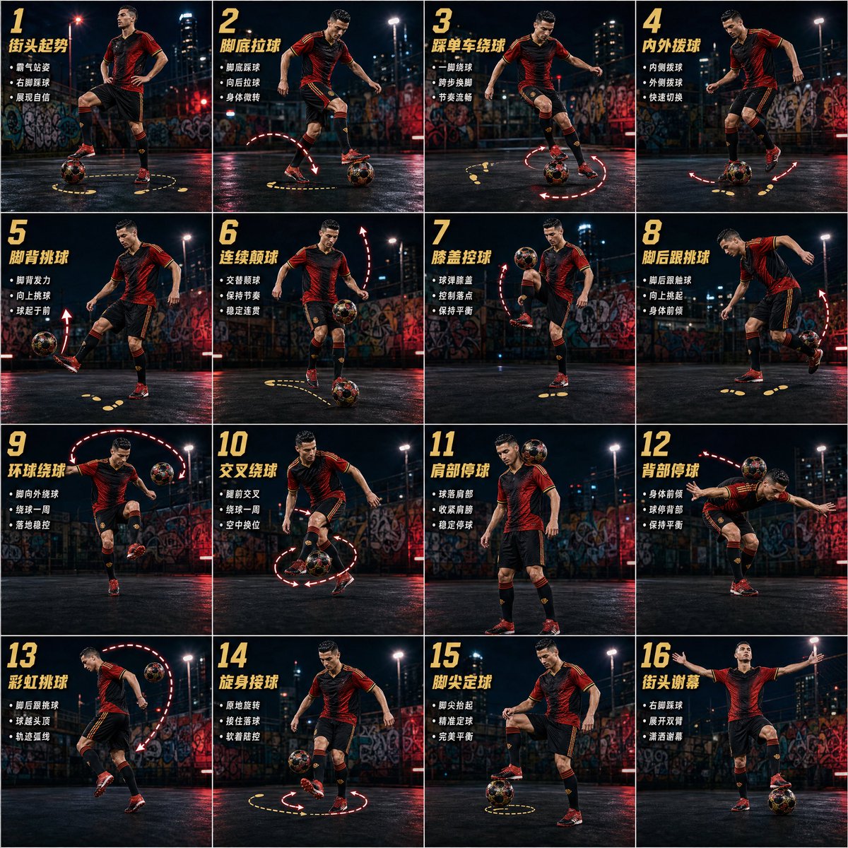 花式足球 16 步动作海报 のQwen Imageプロンプト例: 一个复杂的 4x4 网格提示词,旨在生成一张专业的体育海报,展示 16 步花式足球动作分解,并配以电影级光影效果。