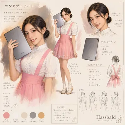日本平板品牌概念图 のQwen Imageプロンプト例 バリエーション 2: 为平板品牌创作一张水彩风格的日本概念艺术项目，包含时尚人物研究、产品说明、调色板色样及带注释的设计面板。