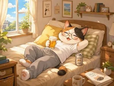 温馨猫咪假日卧室 Qwen Image prompt example variation 2: 生成一幅温暖的动漫生活片段场景，描绘拟人化三花猫在阳光明媚的卧室中放松的画面，适用于温馨的生活方式插画。