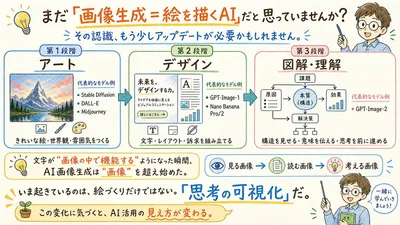 日本 AI 图像演进信息图 Qwen Image prompt example variation 2: 生成一张手绘风格的日本科普信息图,展示 AI 图像生成从艺术到设计,再到图解与理解的演进过程。