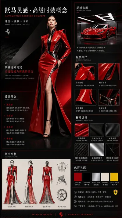 车辆灵感时尚设计信息图 Qwen Image 프롬프트 예시 변형 4: 将特定车辆的设计元素转化为奢华时尚信息图，包含草图、材质及模特展示。