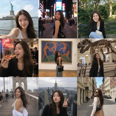 纽约旅游 social media app 九宫格 のQwen Imageプロンプト例 バリエーション 2: 生成一个 3x3 的照片九宫格,模拟真实的纽约旅行日记,包含各种地标建筑和随手拍的手机摄影氛围。