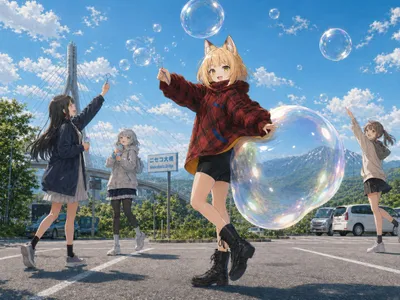 狐耳少女的泡泡梦 Qwen Image prompt example variation 2: 生成一幅明亮的动漫风格夏日场景,描绘了一位狐耳少女和三位朋友在山间桥梁附近吹出彩虹色肥皂泡的画面。