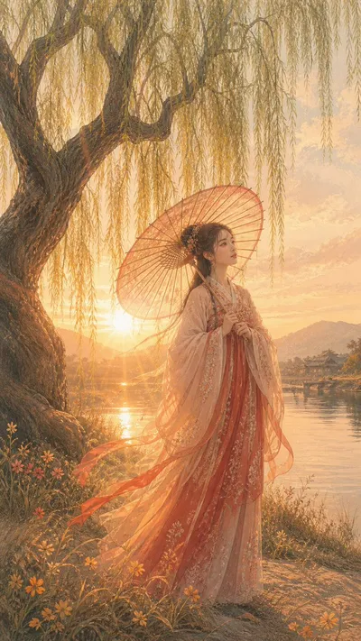 柳湖汉服夕照 Qwen Image prompt example variation 2: 此提示词可生成一张浪漫的竖版人像，描绘一位身着飘逸汉服的女子在夕阳下的柳树旁，非常适合创作历史奇幻风格及优雅的东亚风角色艺术。