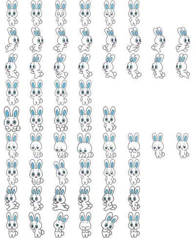 兔子角色精灵图集 Qwen Image prompt example variation 2: 将兔子角色参考图转换为多姿态的 2D 游戏精灵图集,同时保留原始设计。
