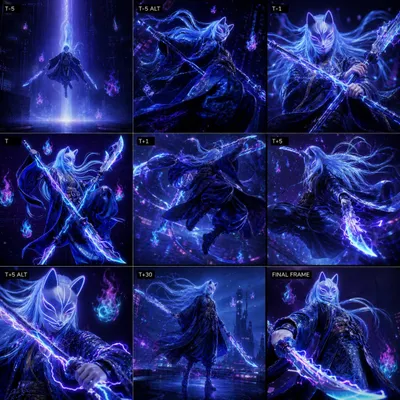 赛博狐狸武士项目 のQwen Imageプロンプト例 バリエーション 2: 生成一个包含九宫格的赛博朋克动作项目,展示戴着发光狐狸面具的武士,适用于动画关键帧或角色动作规划。