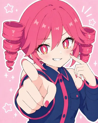 重音特（Kasane Teto）流行偶像肖像 のQwen Imageプロンプト例 バリエーション 2: 生成一张可爱的重音特（Kasane Teto）活力动漫肖像，包含标志性的钻头双马尾、指点动作以及粉色贴纸风格背景。