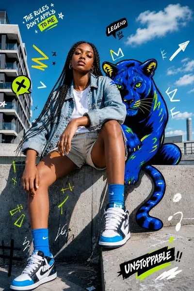 Street Fashion Panther Graffiti Qwen Image 프롬프트 예시 변형 2: Generates a bold urban fashion portrait mixing realistic street photography with neon graffiti doodles and a blue panther...