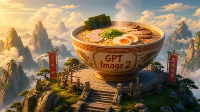 Epic Mountain Ramen Bowl Qwen Image 프롬프트 예시 변형 2: A cinematic fantasy scene featuring a giant branded ramen bowl on a mountaintop temple platform, useful for playful product...