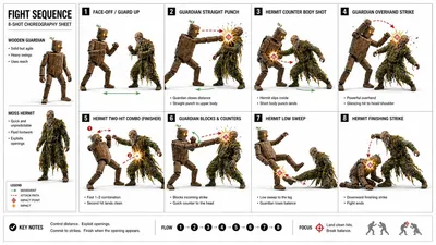 Action Storyboard Simplification Qwen Image 프롬프트 예시 변형 2: A workflow prompt designed to simplify a complex reference sheet into specific action shots showing dynamic martial arts...