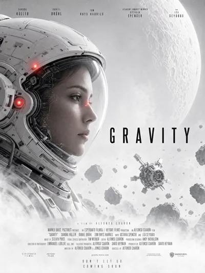 Gravity-Style Space Movie Poster Qwen Image 프롬프트 예시 변형 2: Generates a cinematic monochrome sci-fi theatrical poster with an astronaut helmet, moon, asteroid field, cast names,...