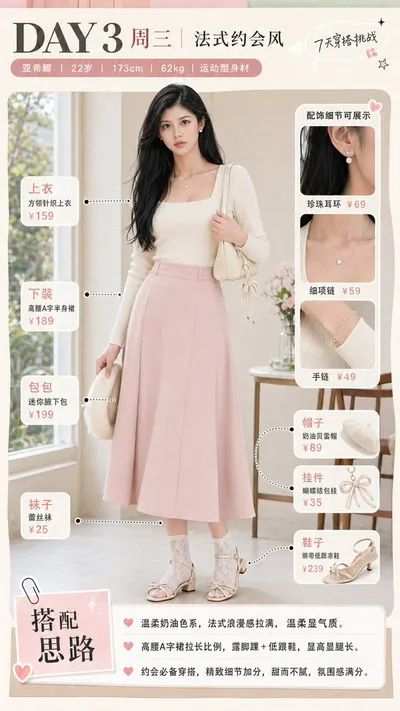 French Date Outfit Infographic のQwen Imageプロンプト例 バリエーション 2: A soft Chinese social-media fashion guide poster showing one full-body romantic outfit with labeled clothing,...