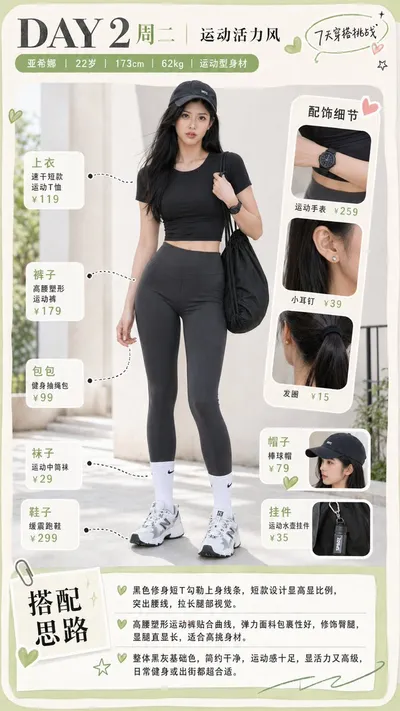 Sporty Outfit Breakdown Poster Qwen Image 프롬프트 예시 변형 2: Creates a vertical Chinese fashion infographic showing a full-body sporty outfit with item callouts, accessory details,...