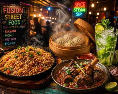 Vibrant Fusion Street Food Scene のQwen Imageプロンプト例 バリエーション 3: A detailed prompt for creating a lush, photorealistic night market scene featuring fusion street foods like biryani,...