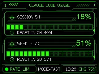 Neon M5Stack Usage Gauge のQwen Imageプロンプト例 バリエーション 2: Transforms a simple Claude Code usage gauge into a polished neon HUD dashboard for an embedded M5Stack-style screen.