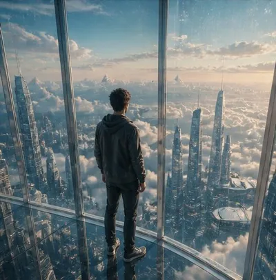 Futuristic Glass Skyscraper City Qwen Image 프롬프트 예시 변형 2: A prompt for generating a hyper-realistic cinematic scene of a modern glass skyscraper city floating above the clouds,...