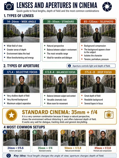 Cinema Lens Infographic Guide Qwen Image 프롬프트 예시 변형 2: A technical infographic prompt for illustrating different camera lenses, focal lengths, and aperture settings in...