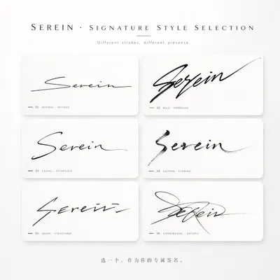Signature Style Selection Sheet Qwen Image 프롬프트 예시 변형 2: Generates a refined poster showing six distinct handwritten signature styles for a customizable name, useful for choosing...