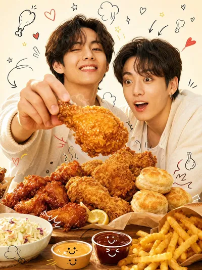 K-Pop Style Food Ad with Doodles Qwen Image 프롬프트 예시 변형 2: A high-end food advertisement prompt featuring popular K-Pop personalities, high-end commercial lighting, and charming...