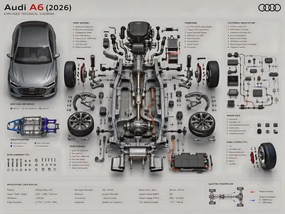 Exploded Technical Diagram Poster のQwen Imageプロンプト例 バリエーション 2: A highly detailed engineering prompt for creating a premium exploded technical diagram of a modern vehicle chassis...