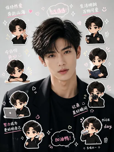 Chibi Mini-Me Scrapbook Portrait Qwen Image 프롬프트 예시 변형 3: Generates a playful vertical social media portrait collage with one realistic central person and eight cute chibi...