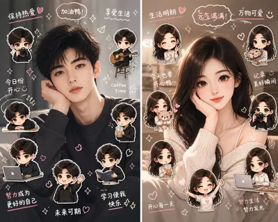 Split-Screen Chibi Selfie Scrapbook Qwen Image 프롬프트 예시 변형 2: Generates a two-person Q-version mini-me scrapbook collage with realistic portraits, chibi stickers, handwritten...