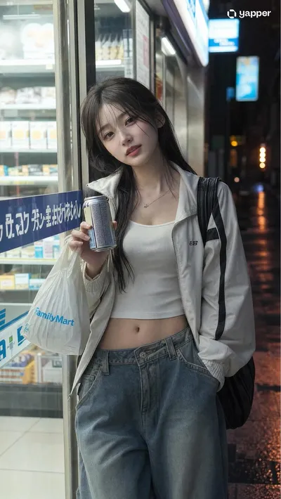 Japanese Girl Urban Night Portrait Qwen Image 프롬프트 예시 변형 2: A detailed prompt for a 'sweet-cool' Japanese girl standing at a convenience store entrance at night with realistic...
