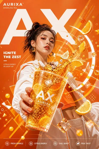 Modern Beverage Commercial Poster Qwen Image 프롬프트 예시 변형 2: A comprehensive professional prompt for a high-end commercial beverage poster featuring dynamic geometric elements and...