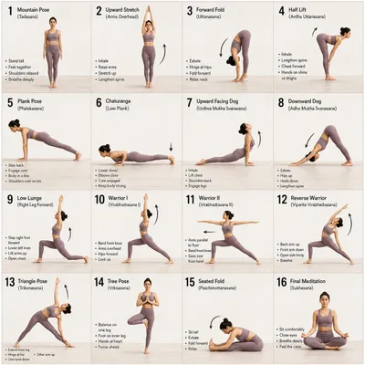 16-Panel Yoga Instructional Storyboard Qwen Image 프롬프트 예시 변형 2: A clean, minimalist 16-panel grid layout for a yoga instructional guide, showing a progression of poses with a...