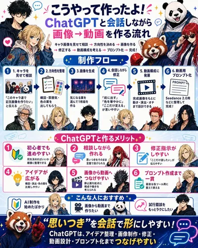 Japanese AI assistant Image-to-Video Workflow Infographic Qwen Image 프롬프트 예시 변형 2: Generates a colorful Japanese infographic explaining a six-step workflow for creating images...