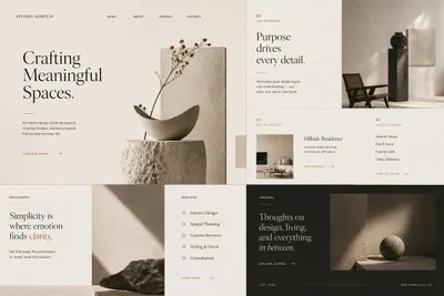 Minimal Interior Studio Website 的 Qwen Image 提示词示例图 变化图 2：Generates a refined editorial landing page mockup for a luxury interior design studio brand presentation.