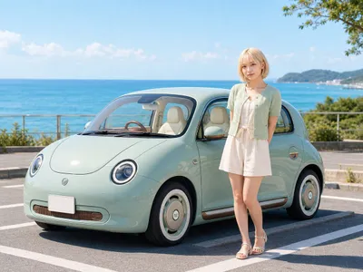 Pastel Retro Seaside Car Qwen Image 프롬프트 예시 변형 2: Generates a photorealistic lifestyle scene of a pastel retro compact car with a matching summer outfit beside the ocean.