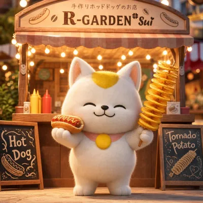 3D Cat Mascot Marche Stall のQwen Imageプロンプト例 バリエーション 2: Generates a cozy 3D event-promo image by turning a flat cat shop logo into a plush mascot standing at a handmade hot dog...