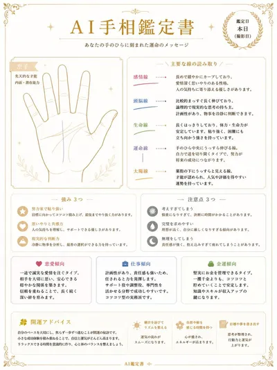 日式 AI 手相鉴定证书 のQwen Imageプロンプト例 バリエーション 2: 生成一份精美的日式手相报告布局，包含手部图示、掌纹解读、优势、注意事项、生活倾向及建议。