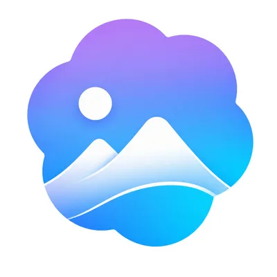 渐变山峦云朵 App 图标 のQwen Imageプロンプト例 バリエーション 2: 生成一款时尚的蓝紫色渐变 App 图标,包含云朵形状的徽标、白色山峦、太阳以及曲线波浪,适用于现代图像生成或画廊类应用的 Logo。