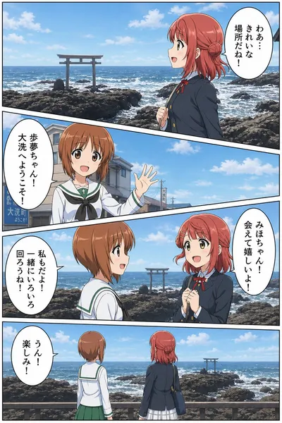 海滨动漫联动漫画页面 Qwen Image prompt example variation 2: 生成一个四格动漫漫画场景，描绘两名女高中生在风景优美的日本岩石海岸（带有鸟居）相遇，并配有日语对话气泡。
