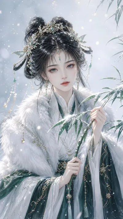 优雅东方奇幻插画 Qwen Image prompt example variation 2: 生成一张高品质的东方奇幻女性角色插画,展现清冷优雅的冬日雪景美学。