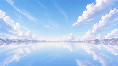 动漫风格镜面湖泊天空背景 的 Qwen Image 提示词示例图 变化图 2:生成宁静的宽屏动漫风景背景,包含镜面湖泊、远山及明亮的夏季云朵,适用于动画或视觉小说场景。