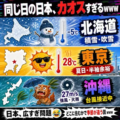 日本天气混乱梗图 Qwen Image 프롬프트 예시 변형 2: 生成一张醒目的日本梗图信息图，展示同一天内三个地区的极端天气，适合病毒式社交媒体帖文或缩略图风格的评论。
