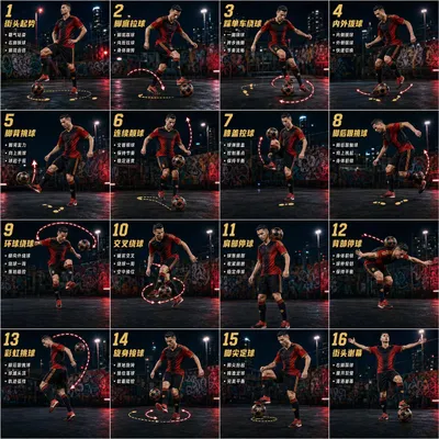 花式足球 16 步动作海报 のQwen Imageプロンプト例 バリエーション 2: 一个复杂的 4x4 网格提示词,旨在生成一张专业的体育海报,展示 16 步花式足球动作分解,并配以电影级光影效果。