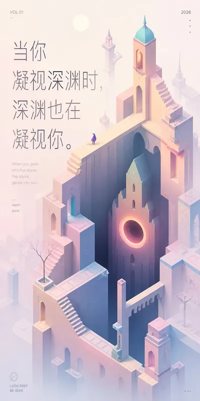 柔和深渊语录壁纸 のQwen Imageプロンプト例 バリエーション 2: 生成一张宁静的竖版语录壁纸,采用受《纪念碑谷》启发的错觉建筑风格,并配有引人深思的双语排版。
