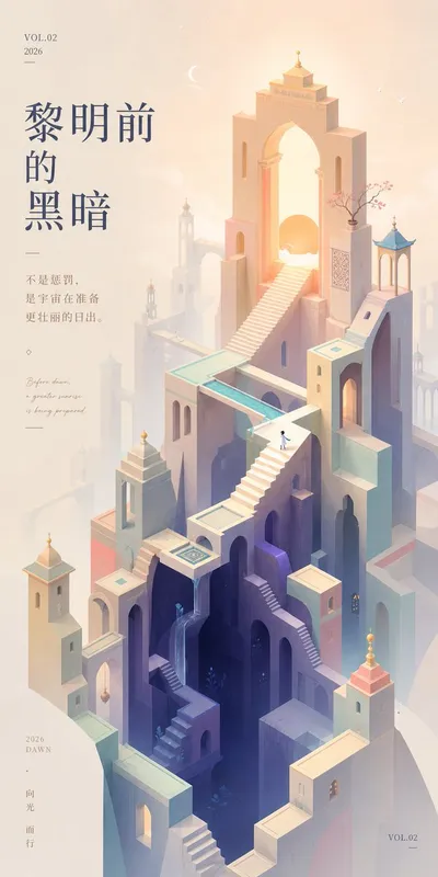 纪念碑谷黎明语录壁纸 のQwen Imageプロンプト例 バリエーション 2: 一款治愈系竖屏励志壁纸，融合了不可能的几何建筑、晨曦光影与优雅的中文排版。