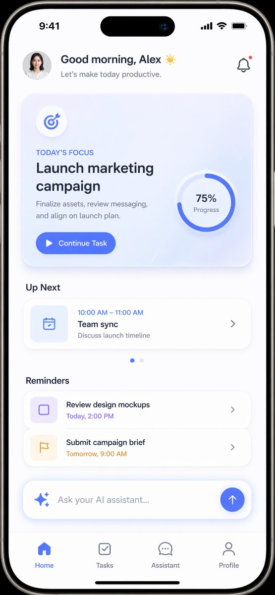 Productivity App UI Mockup Qwen Image prompt example: A modern, light-themed mobile app interface for task management featuring a daily focus card, schedule, and AI assistant...
