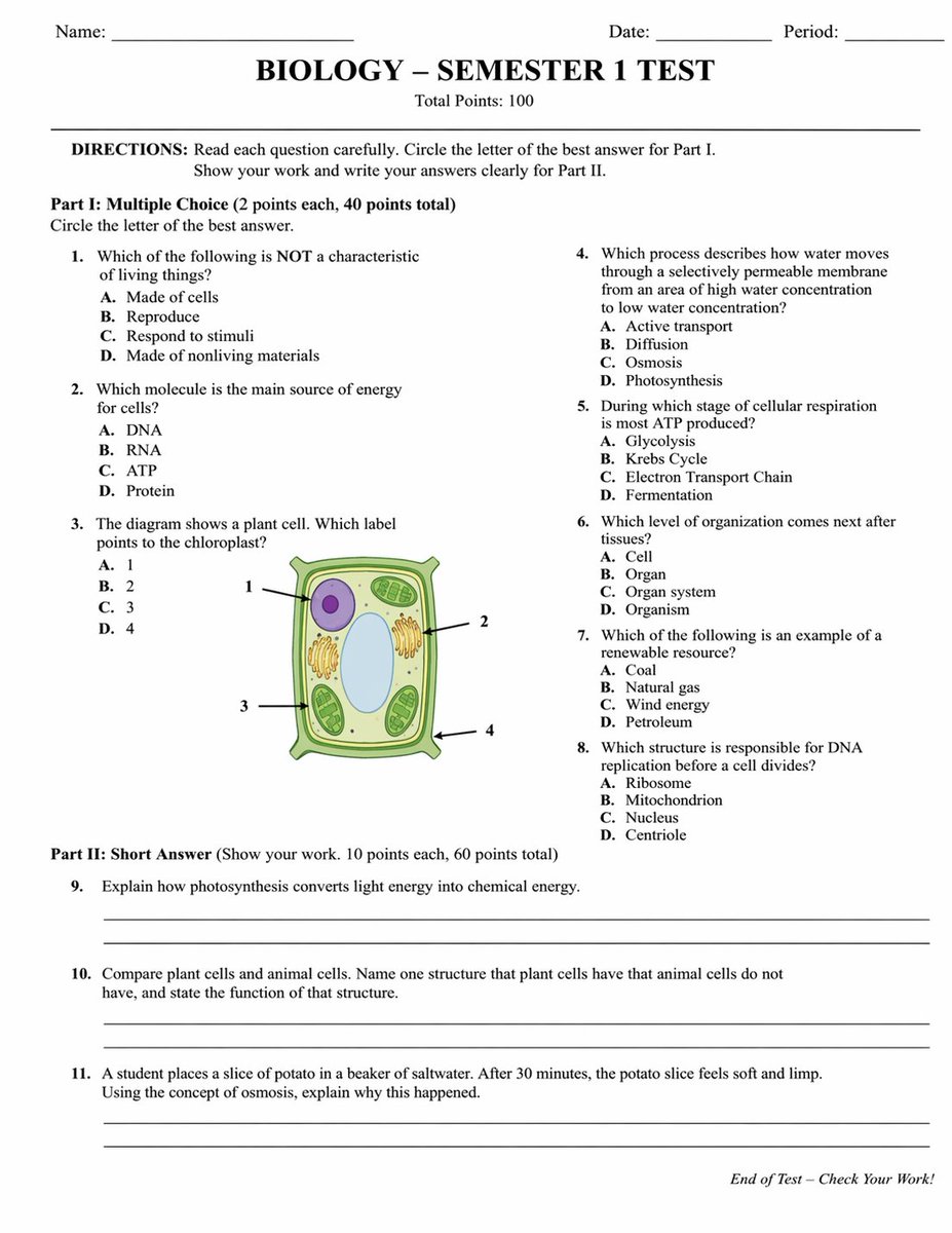 Academic Exam Paper Generator Qwen Image 프롬프트 예시: Generates a realistic, structured academic test paper with multiple-choice questions, a diagram, and short-answer sections.