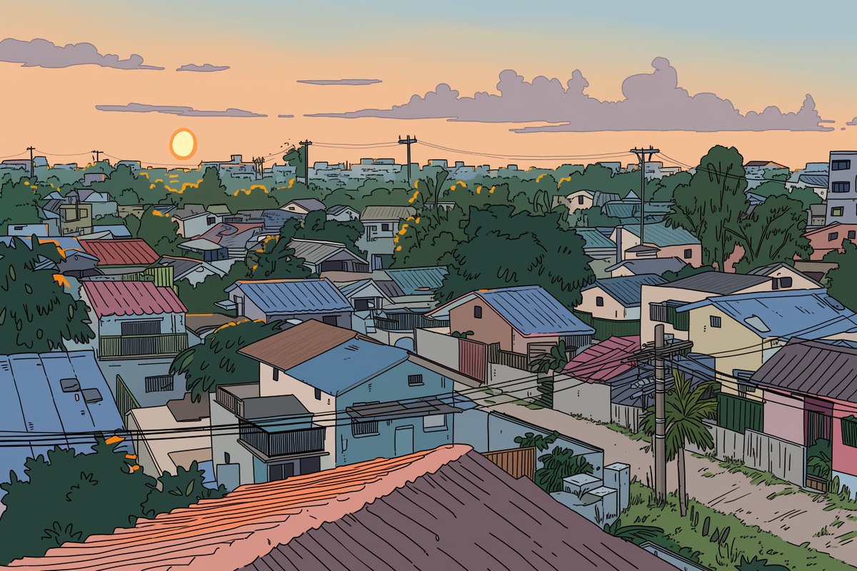 Ligne Claire Suburban Landscape GPT Image 2 prompt example: Generates a detailed, comic-style illustration of a neighborhood landscape with customizable time of day and setting.