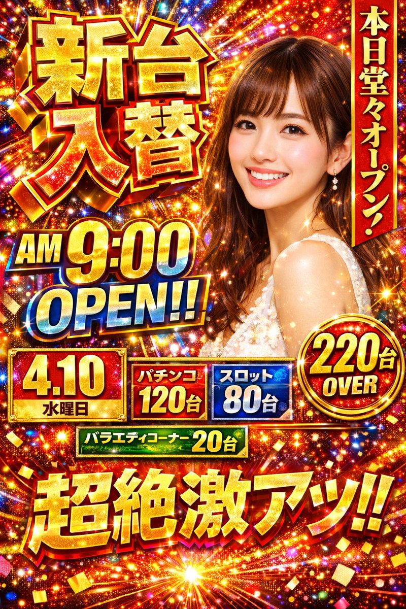 Flashy Pachinko Parlor Promo Poster Qwen Image 프롬프트 예시: Generates an extremely flashy, information-dense Japanese promotional poster featuring a portrait model, 3D metallic...