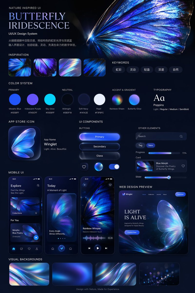 Iridescent Butterfly UI/UX Design System 的 Qwen Image 提示词示例图:Generates a comprehensive dark-mode UI/UX design system board featuring color palettes, typography, mobile screens,...