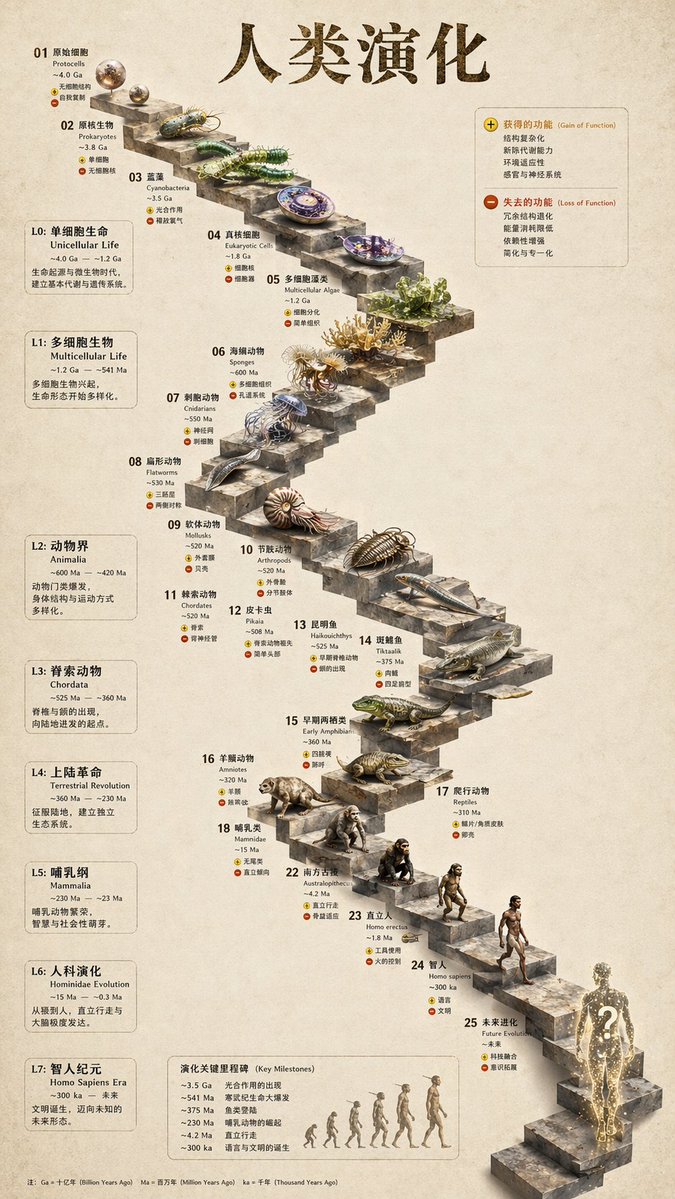 3D Stone Staircase Evolution Infographic Qwen Image 프롬프트 예시: Transforms a flat evolutionary timeline into a realistic 3D stone staircase infographic with detailed organism...