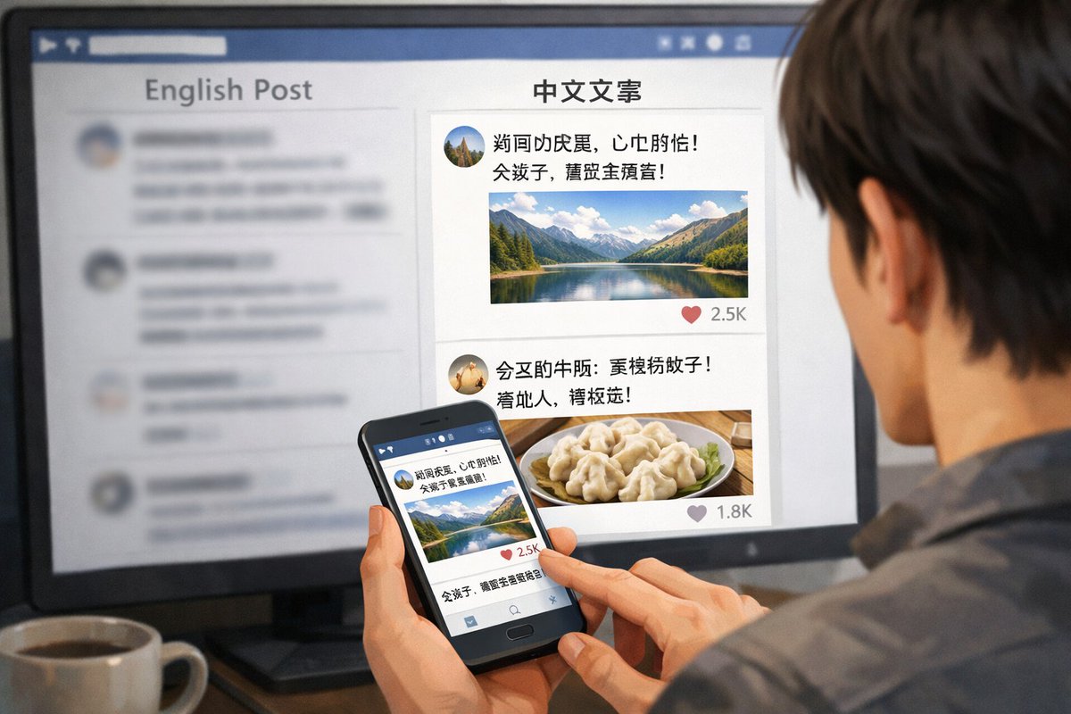 Cross-Device Social Media Feed GPT Image 2 prompt example: Generates an over-the-shoulder view of a person browsing a bilingual social media feed on both a desktop monitor and a...