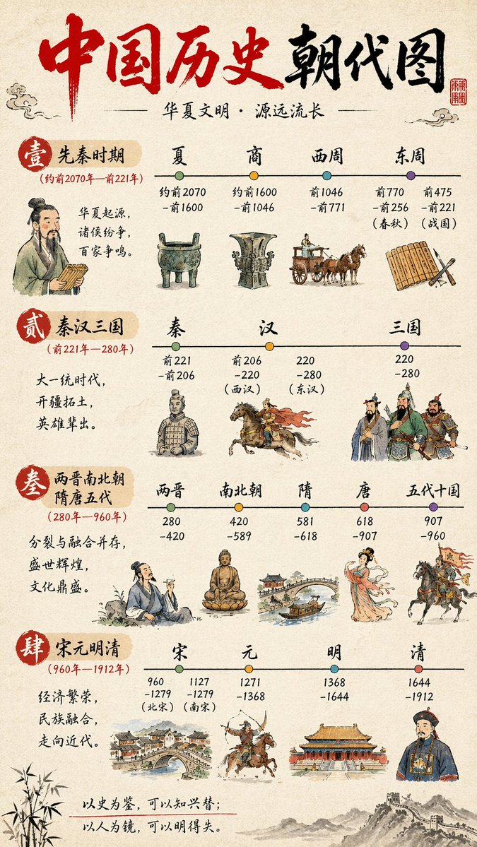 Chinese History Timeline Infographic Qwen Image prompt example: A detailed, four-section vertical infographic mapping Chinese historical dynasties with watercolor illustrations...